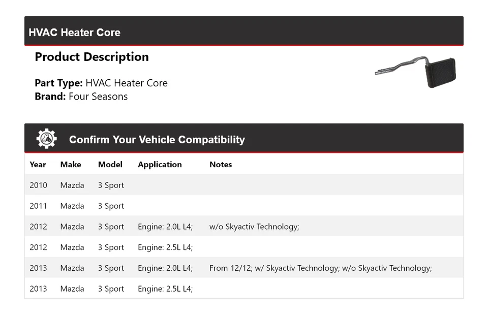 Para Mazda 3 Sport 2010-2013 HVAC núcleo de calefacción 4 estaciones 2011 2012 Foto 2 de 4