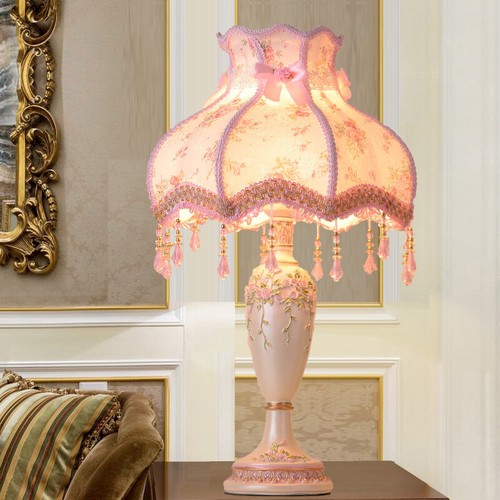 European Vintage Pink Table Light Desk Lamp Retro Fabric Shade Bedside Lighting - Picture 10 of 17