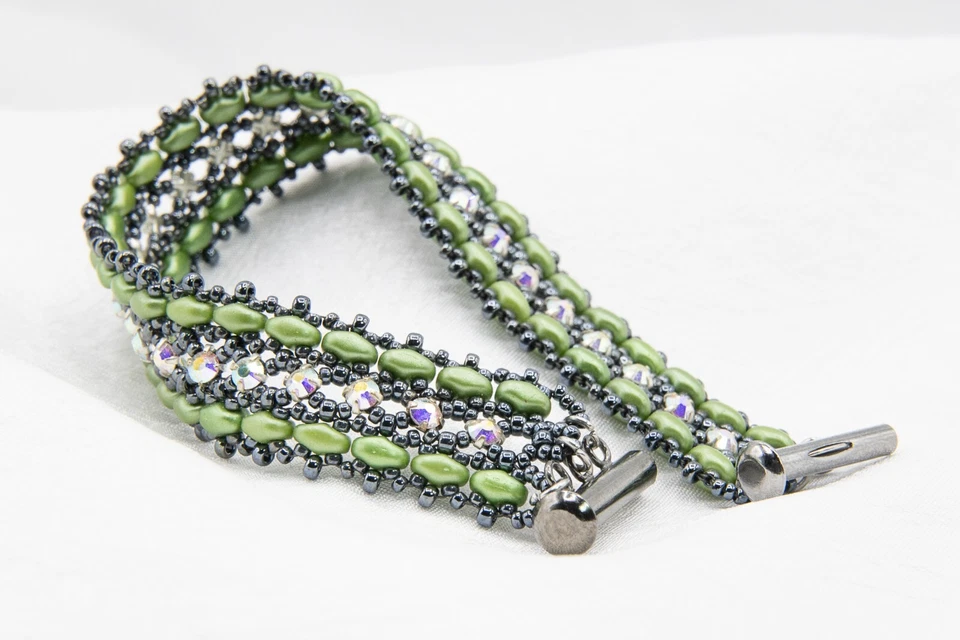 Damen Armband Grün Grau Handarbeit mit Swarovski Glasperlen 17cm Schmuck NEU - Bild 4 von 4