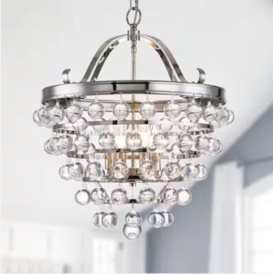 4-Light Polished Nickel Tier Chandeliers with Clear Crystal Spheres