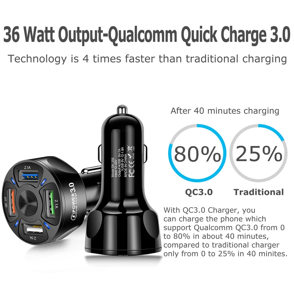 Cargador rápido de coche USB de 2 3 4 puertos adaptador PD para teléfono celular Samsung iPhone Android Foto 4 de 4