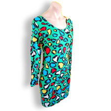 Vintage 90's green long-sleeve short shirt dress Red yellow blue black print