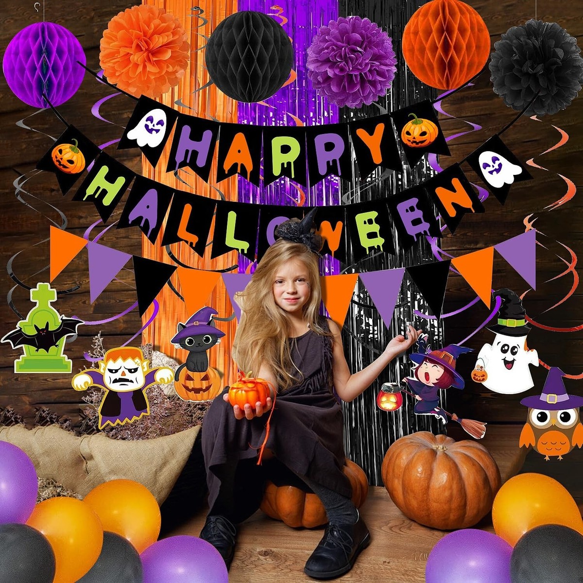 Halloween Party Dekorationen Set – Banner, Girlanden, Wabenbälle & Wirbel Für Mottoparty | Bunt, Aus Papier, Wiederverwendbar