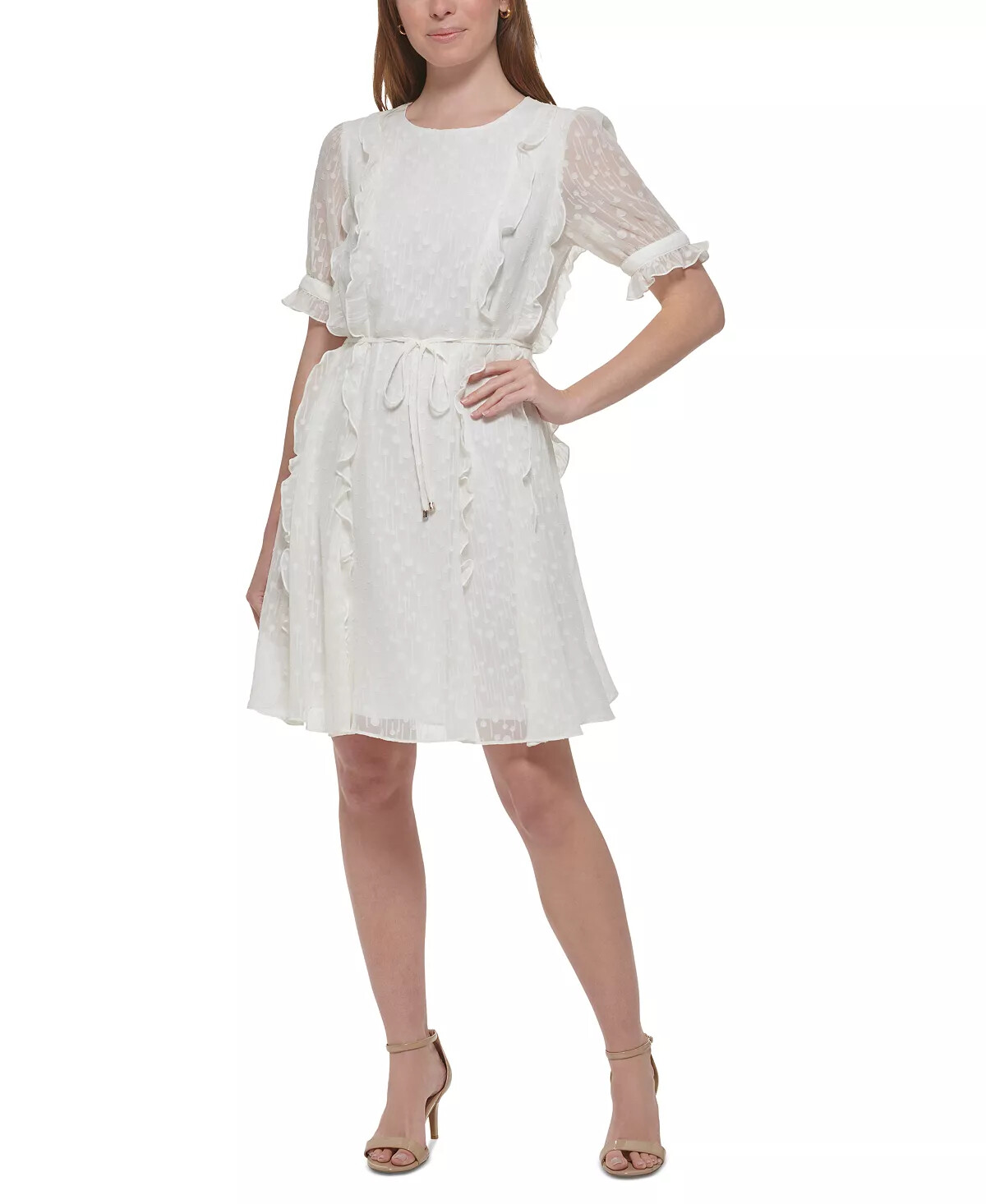 TOMMY HILFIGER Fit & Flare Dress Size 8 Ivory Ruffled Chiffon Tie Waist NWT 139