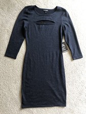Express Dress Navy Blue Silver Metallic BodyCon Dress 3/4 Sleeve Cut Out Size XS