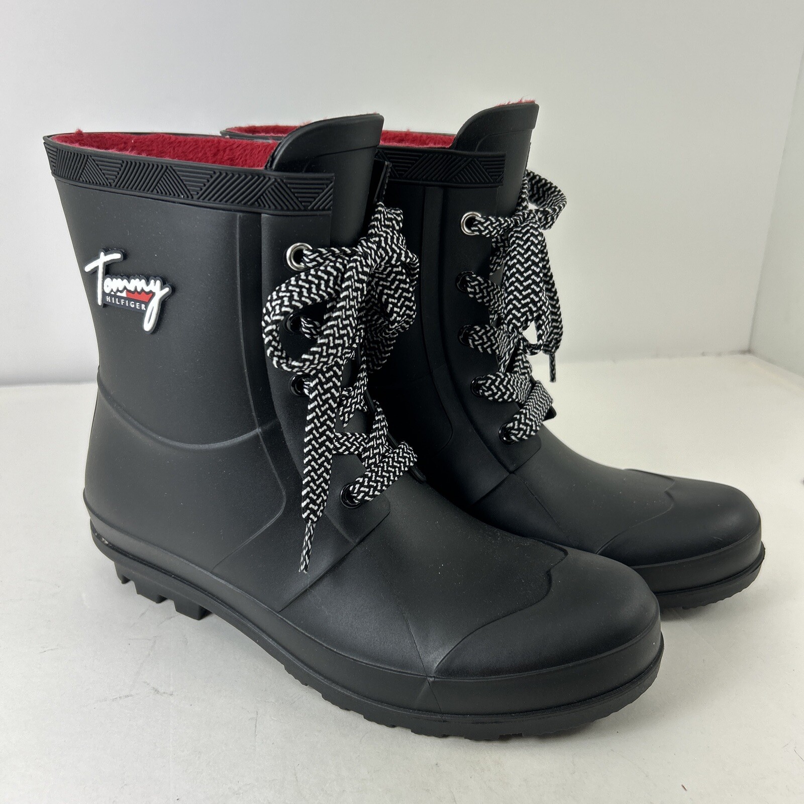 Tommy Hilfiger Womens TWTamar Rain Booties Blk 8M Faux  Fur Sock Lining Pink