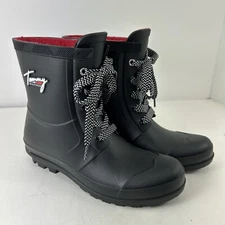 Tommy Hilfiger Womens TWTamar Rain Booties Blk 8M Faux  Fur Sock Lining Pink