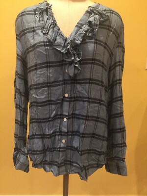 Womans Plaid Shirt Blue Size small Simply Styled Ruffled V Neck Button Down NWT