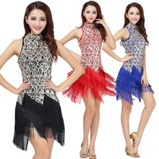 Women Ballroom Sequin Tassel Latin Tango Modern Salsa Dance Dress Skirt