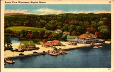 TICHNOR QUALITY VIEWS LINEN POSTCARD- AERIAL VIEW OF WATERFRONT, NAPLES, ME BK59