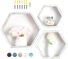 WONFUlity Hexagon Floating Shelves Honeycomb Wall Mounted 3PC, White