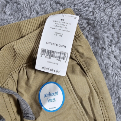その他 18 NWT Carter's Boys Pull-On Play Proof Pants Kaki Toddler Reinforced