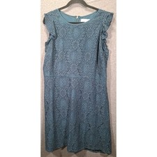 LOFT Womens Floral Lace Fit and Flare Dress Teal Green Flutter Sleeve Size 14