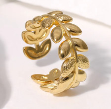 Leaf Olive Branch Open Ring Stainless Steel Adjustable 18K Gold Plated Minimalis
