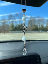 Flower Rear View Mirror Car Charms,Crystal Boho Car Mirror Hanging Decor for Wom