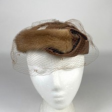 Vintage Roberta Bernays Brown Fur Satin Fascinator Hat Birdcage Veil Made USA