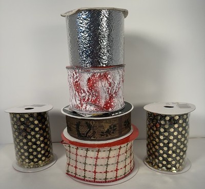 Christmas Holiday Ribbon Wreath 5 Wired Edge, 1 Metallic  Lot of 6 Craft Season