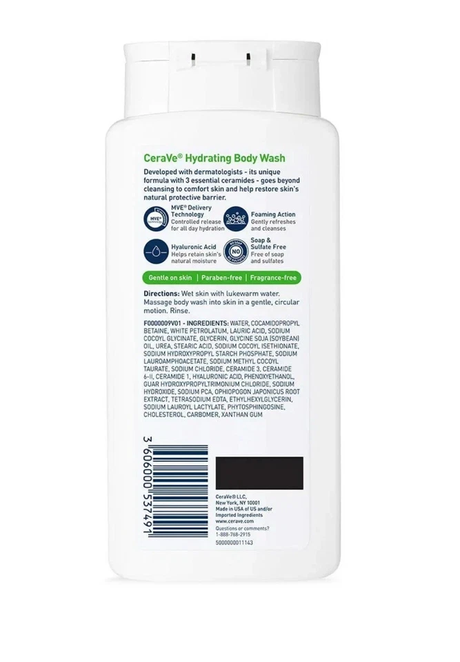CeraVe lavagem corporal hidratante para pele seca frasco de 10 oz lacrado NOVO - Imagem 2 de 2
