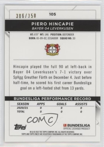 2021 Topps Finest Bundesliga Yellow Wave Refractor /350 Piero Hincapie Rookie RC - Zdjęcie 2 z 3