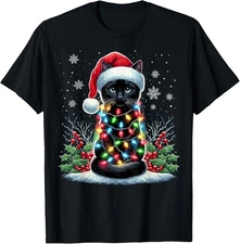 Black Cat Christmas Santa Hat Funny Meowy Cat T-Shirt