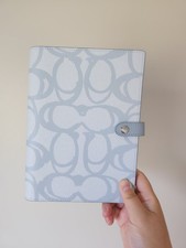 Coach Notebook in Sketch Signature Canvas Logo Print Silver Ice Blue Leather NWT