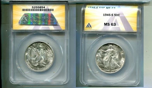 1946 S WALKING LIBERTY SILVER HALF DOLLAR ANACS MS63 8026T