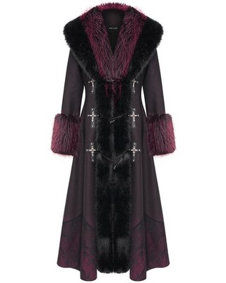 Eva Lady Damen langer dunkler Gothic Lolita Wintermantel mit Kunstfellbesatz