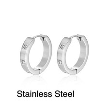 Silver Tone Stainless Steel Hoop Earrings with Crystal Accents Women