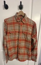 Orvis Mens Active Fit Flannel Shirt Orange Khaki Plaid Long Sleeve Medium EUC