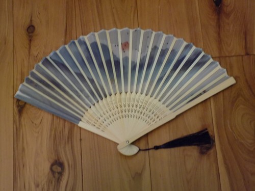 Japanese Art Print Silk Hand Folding Fan Fashion Decor Mountain Lake Boat Sun - Picture 2 of 2