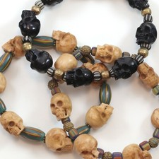 Skull Bracelet Natural Hand Carved Skulls Adjustable Cream Black Horn Beads