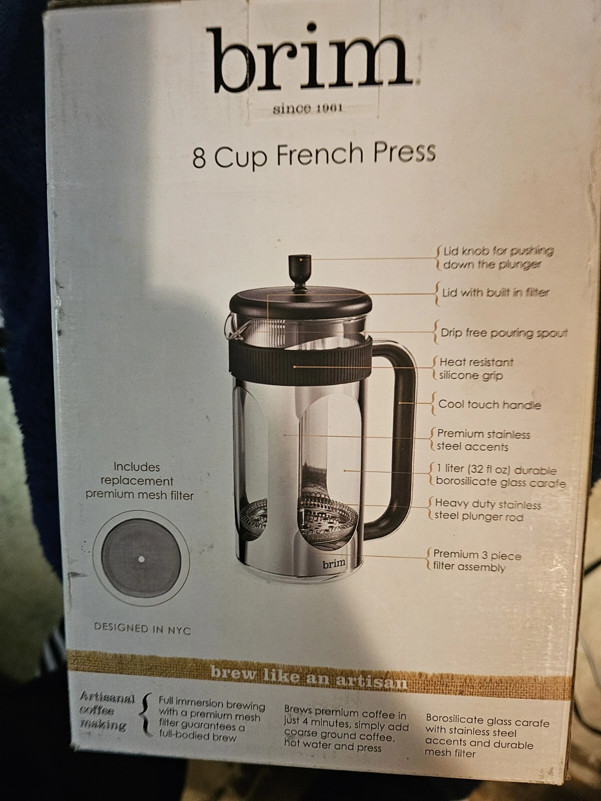 Brim 8 Cup French Press, Quickly Brew Coffee in Under 5 Minutes, Classic Design