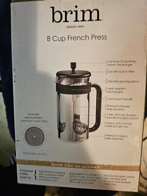 Brim 8 Cup French Press, Quickly Brew Coffee in Under 5 Minutes, Classic Design