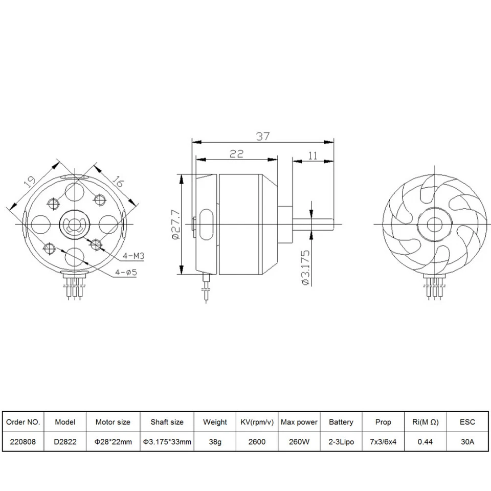 9imod D2822 Brushless Motor 2600KV For RC Aircraft Multi-copter Outrunner Motor - Image 3 of 4