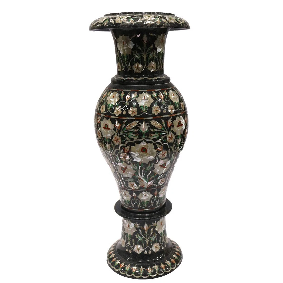 Black Hard Stone Flower Vase With Inlay For Home Decoration 16”