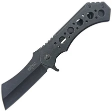 New S-TEC Framelock Cleaver Blade STTS004L 7" closed. 5" black stonewash finish