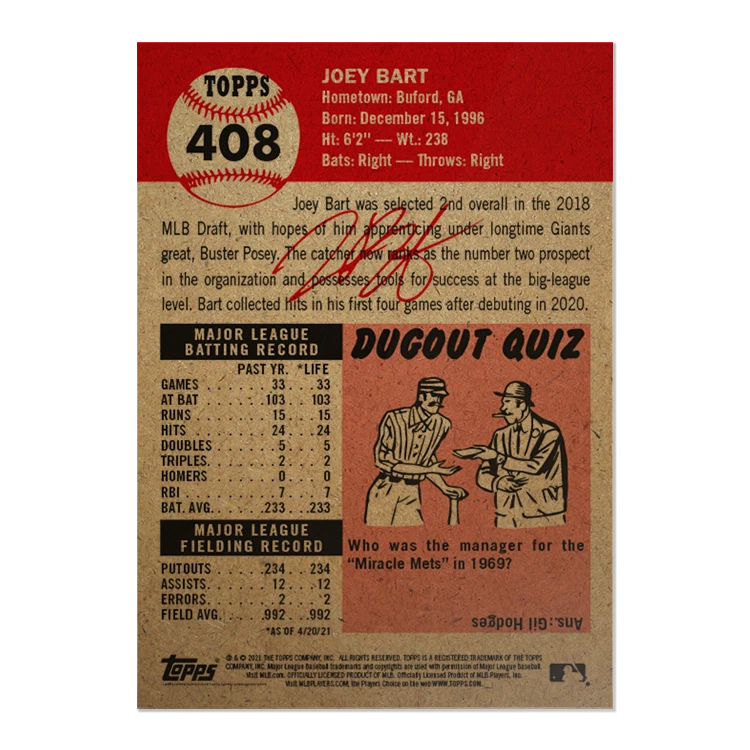 Topps MLB® Living Set® Card #408 - Joey Bart San Francisco Giants pre order - Image 2 of 2