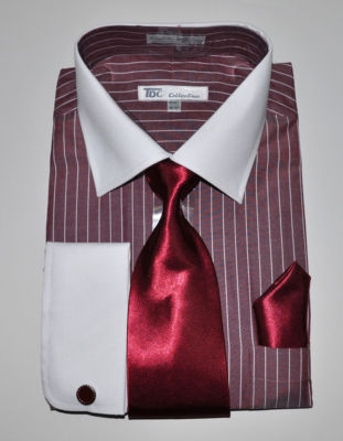 Men's stylish Striped Dress Shirt+Tie+Hanky French Cuff +Cuff Links Style#SG17