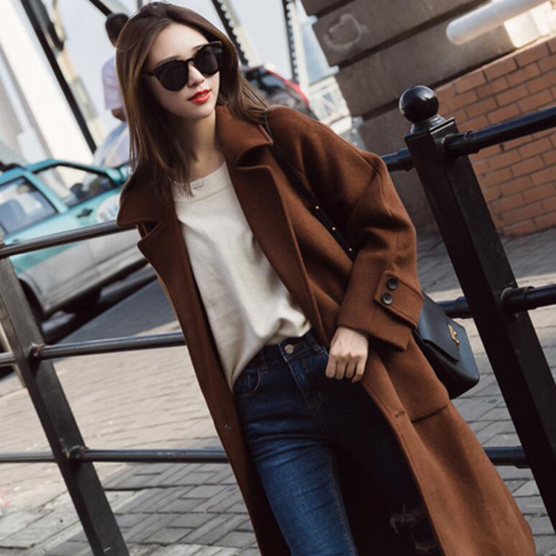 Hot Retro Womens Casual Wool Blend Lapel Collar Long Trench Coat