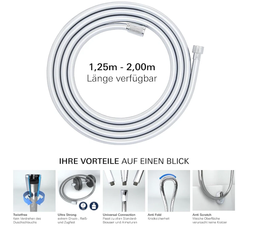 Grohe 28 025 000 69 дюймов металлический ручной душевой шланг без закручивания, StarLight хром - Изображение 2 из 4