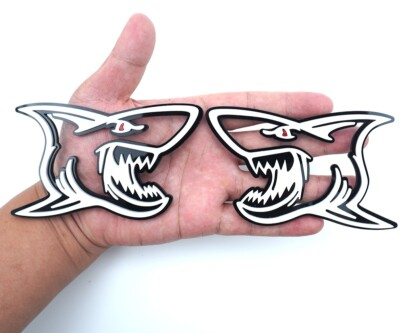 #ad Pair Custom Angry Shark Logo Emblems Red Eye 3D Car Badges White Black $29.40