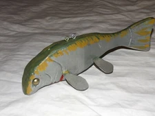 Vintage 11" Sucker Green Silver Ice Spearing Carved Wood Decoy Lure MikeDaPike