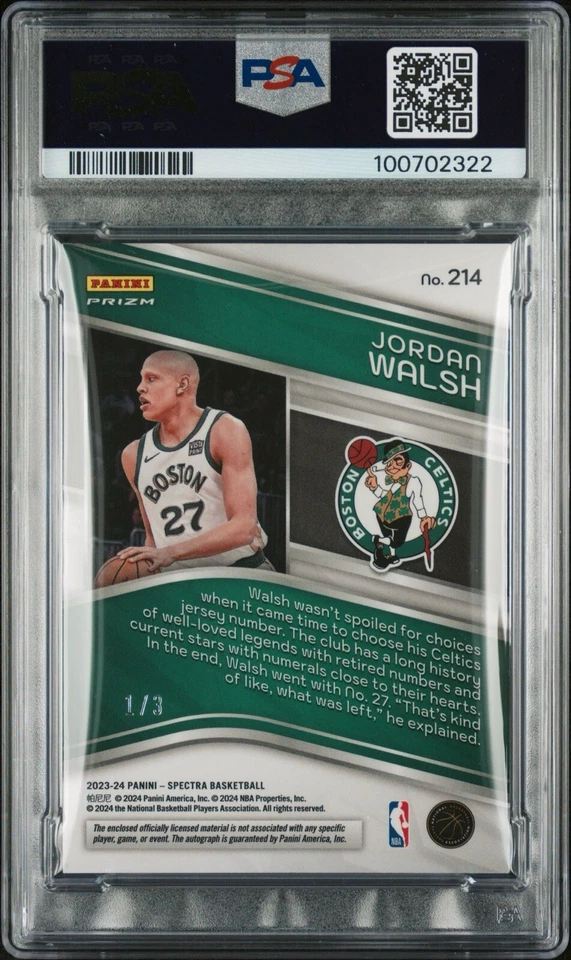 2023 PANINI SPECTRA NIKE PATCH AUTO /3 GOLD WAVE FOTL JORDAN WALSH RC #214 PSA 9 - Image 2 of 3