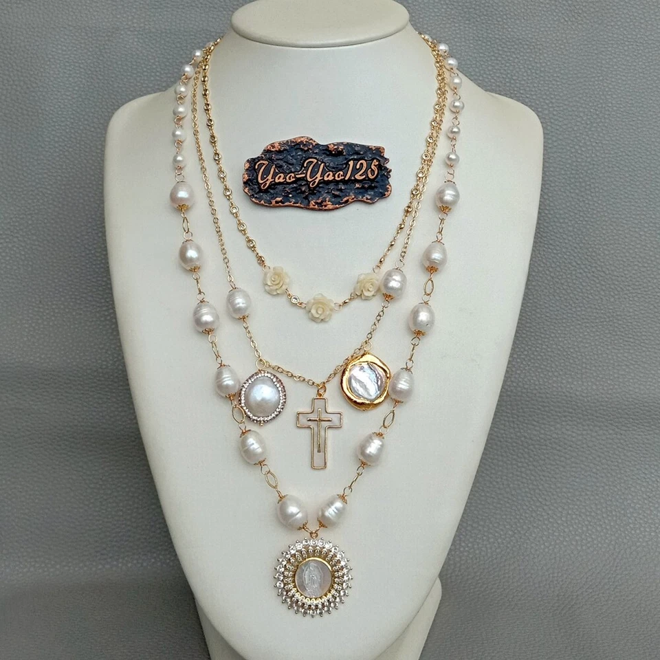 Collar colgante concha de capas de chian chapado en oro con perlas de arroz blanco de agua dulce de 20" Foto 2 de 4