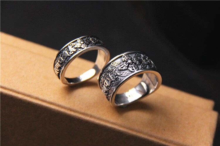 B25 Anello Vajra 6 Wort Mantra Paio Partner Anello Nuziale Amicizia Argento 925 - Immagine 3 di 4