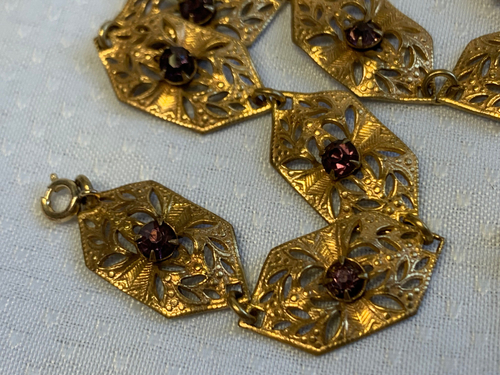 Collana antica piena d'oro girocollo pannello 13,25" pietra viola bigiotteria moda - Foto 16 di 18
