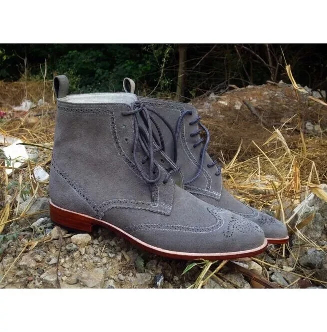 Handmade Dark Gray Suede Wing Tip Full Brogue Lace Up Dress  display picture 1
