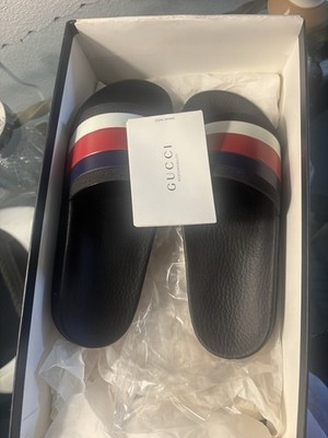 Gucci 308234 Men's Slide Sandals Black Red White Blue Stripe US 7