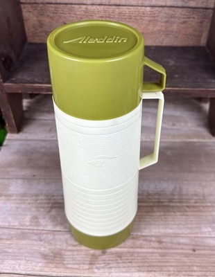 Vintage Aladdin's Dura Clad One Quart Thermos Bottle in Two Tone avocado Green