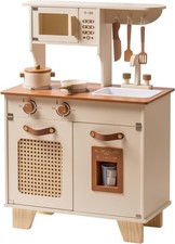 Kids Wooden Kitchen Playset Montessori Pretend Toy with Ice Dispenser Mocha